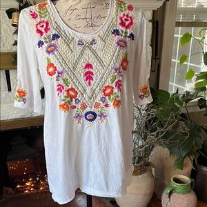 Johnny Was White Tunic with Multicolor Floral Embroidery
